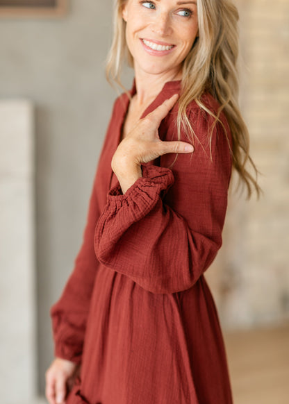 Long Sleeve Gauze Tiered Midi Dress - FINAL SALE