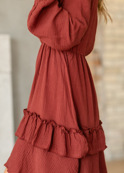 Long Sleeve Gauze Tiered Midi Dress - FINAL SALE