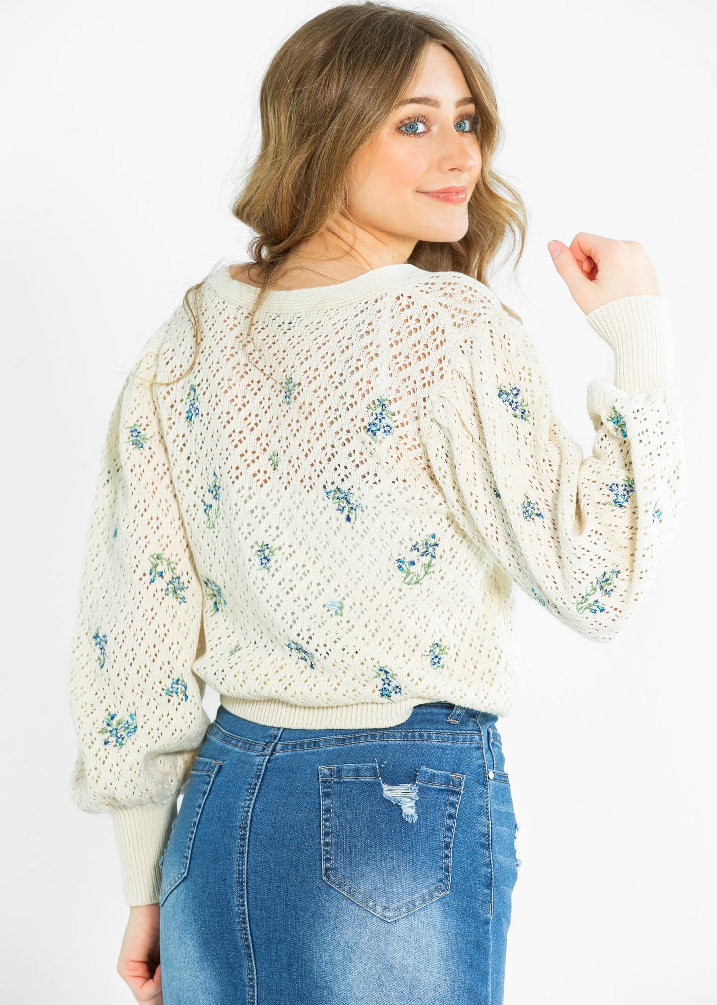 Long Sleeve Pointelle Embroidered Cardigan - FINAL SALE