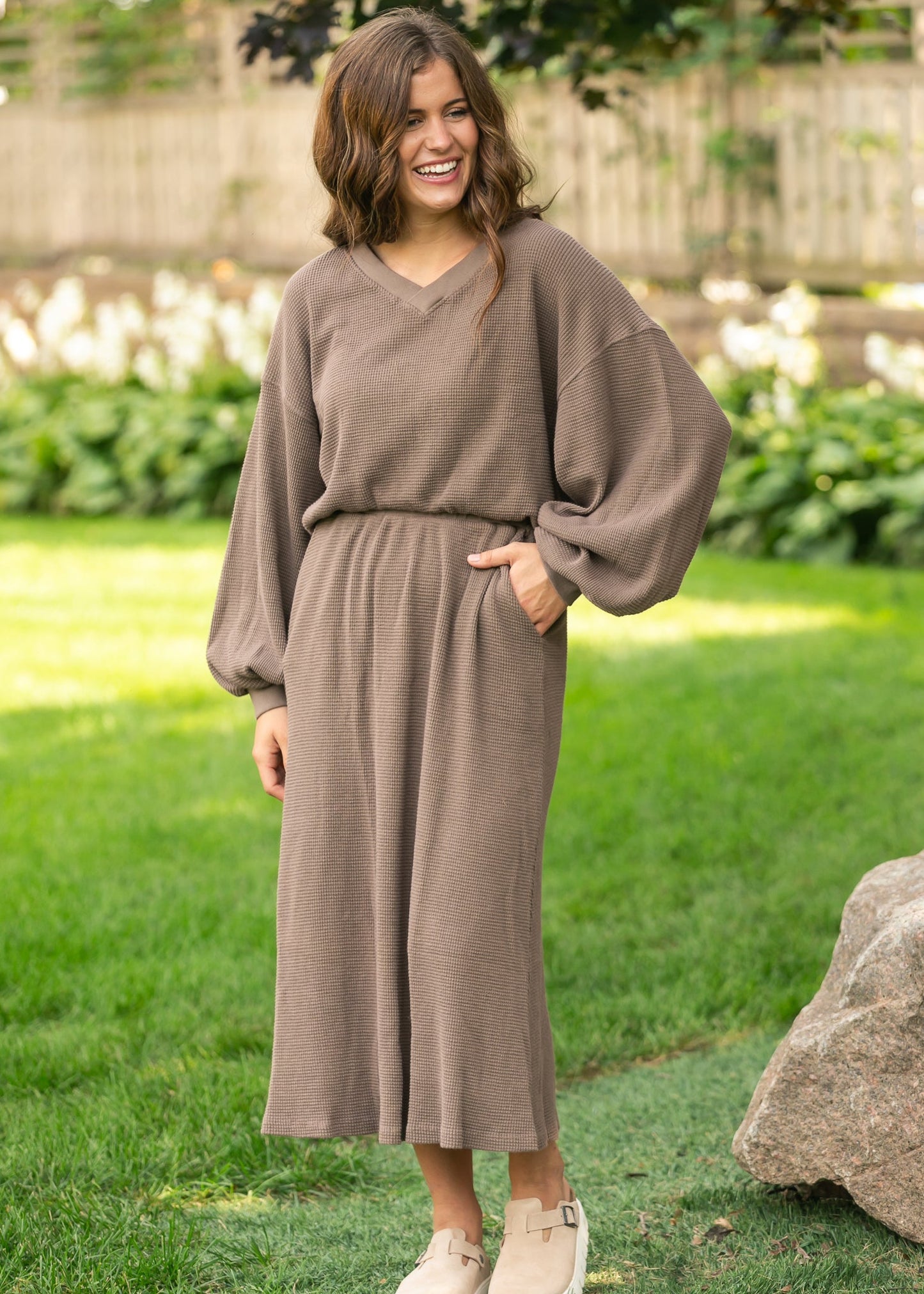Lynette Waffle Thermal V-Neck Set - FINAL SALE