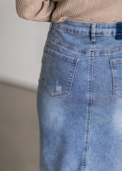 Maelia Distressed Light Wash Midi Skirt - FINAL SALE