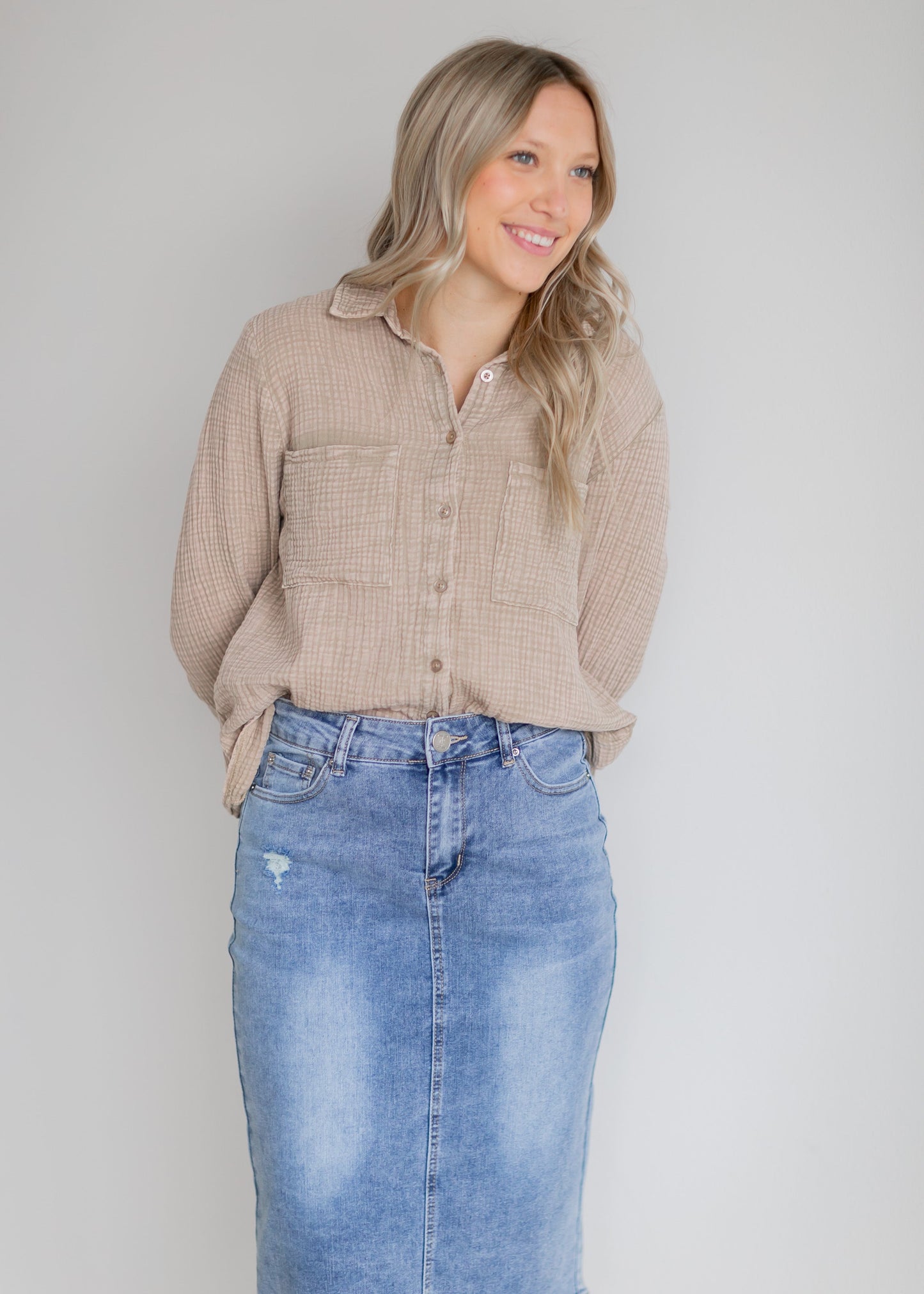Maelia Distressed Light Wash Midi Skirt - FINAL SALE
