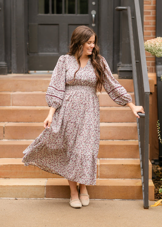Maroon Floral 3/4 Sleeve Dress - FINAL SALE