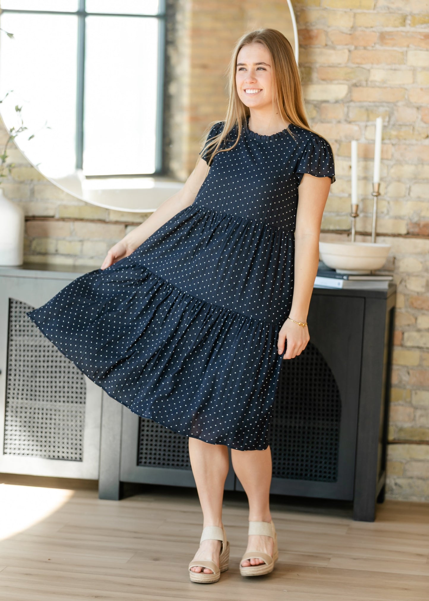Navy Polka Dot Tiered Midi Dress