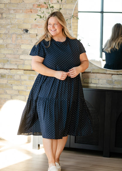 Navy Polka Dot Tiered Midi Dress