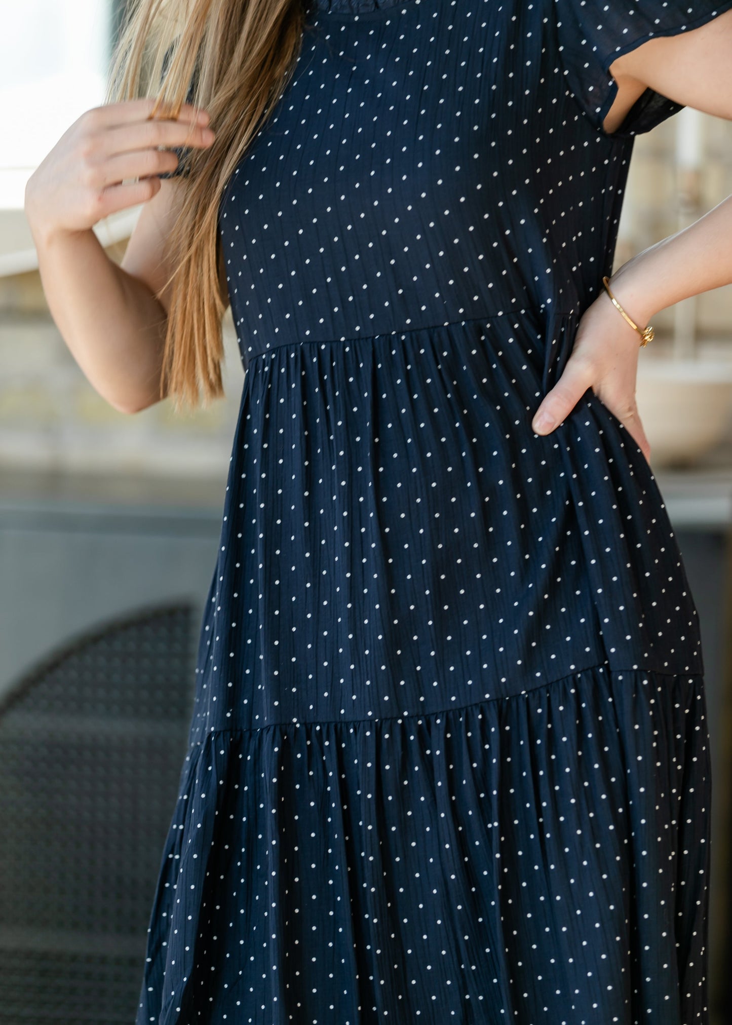 Navy Polka Dot Tiered Midi Dress