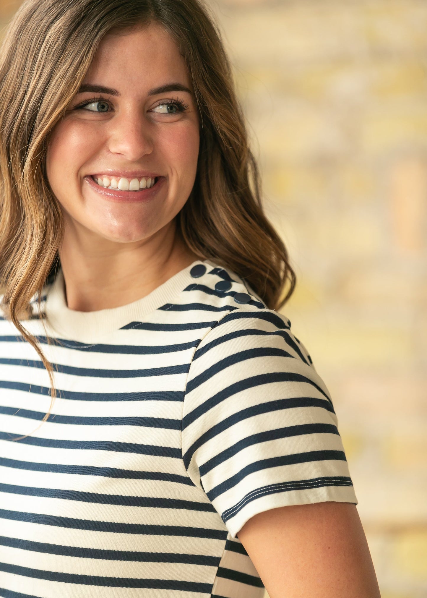 Navy Striped Snap Button Midi Dress