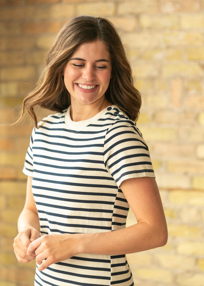 Navy Striped Snap Button Midi Dress
