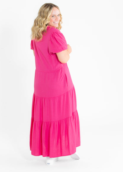 elan Pink Button Front Tiered Maxi Dress - FINAL SALE