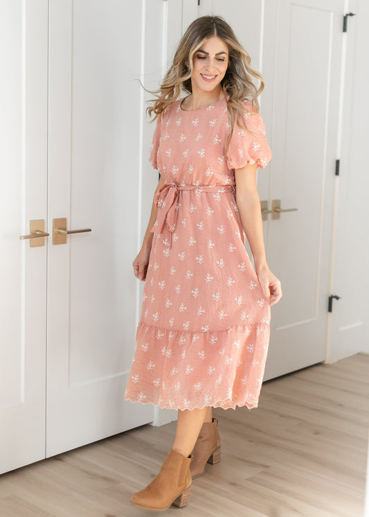 Puff Sleeve Tie Waist Embroidered Midi Dress