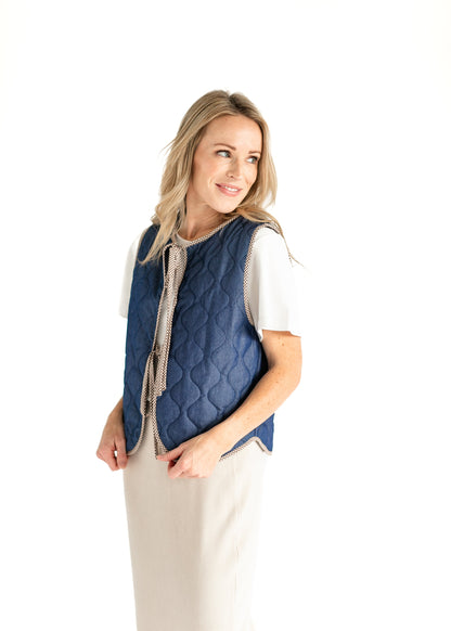 Quilted Front Tie Dark Denim Vest - FINAL SALE