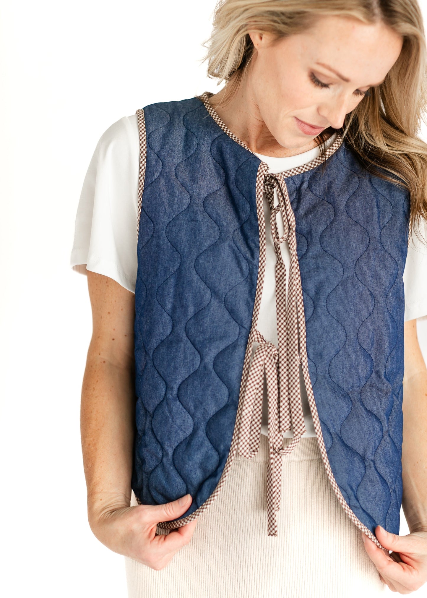 Quilted Front Tie Dark Denim Vest - FINAL SALE
