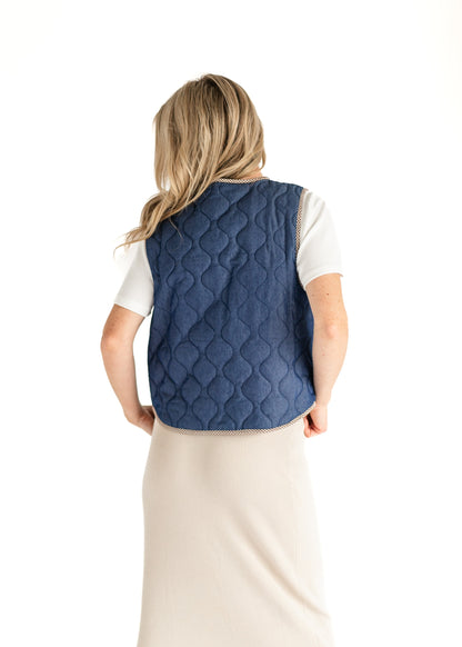 Quilted Front Tie Dark Denim Vest - FINAL SALE