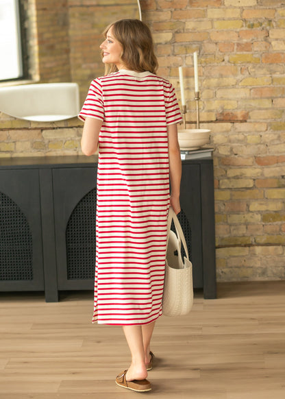 Red Striped Snap Button Midi Dress