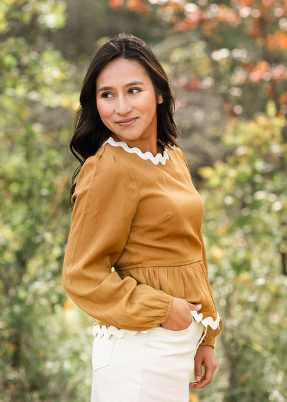 Ricrac Trim Peplum Long Sleeve Top - FINAL SALE