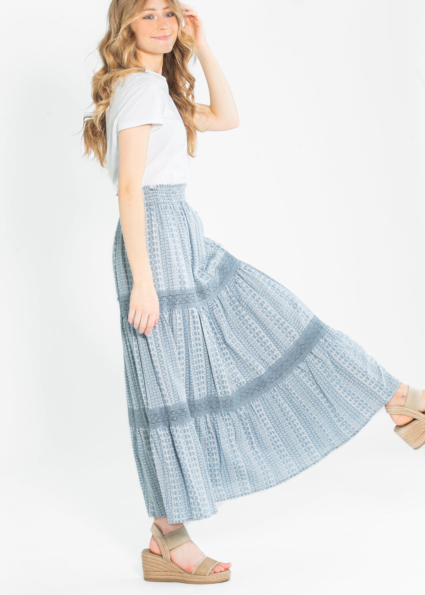 Ruched Waist Lace Trim Tiered Maxi Skirt - FINAL SALE
