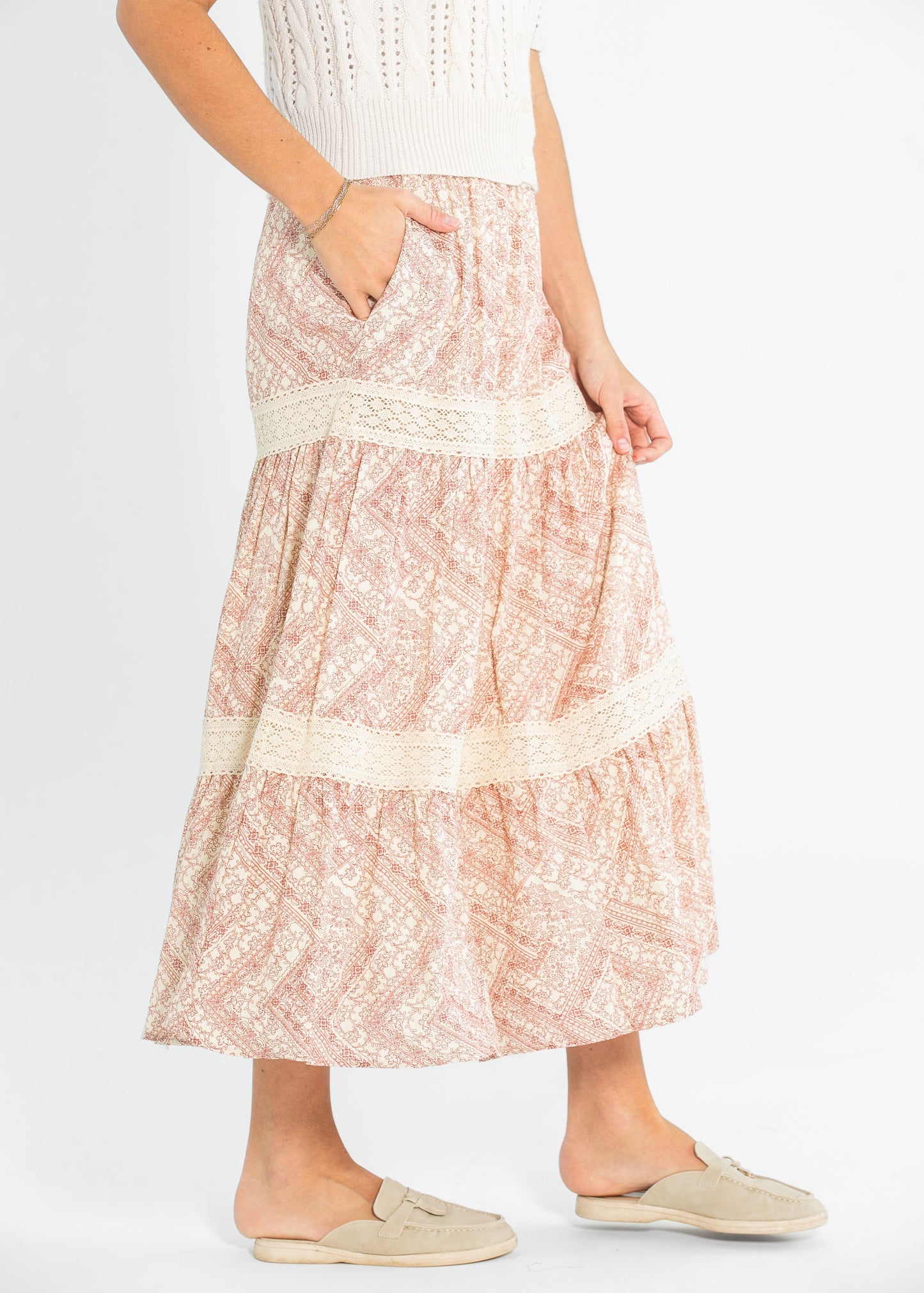 Ruched Waist Lace Trim Tiered Maxi Skirt - FINAL SALE