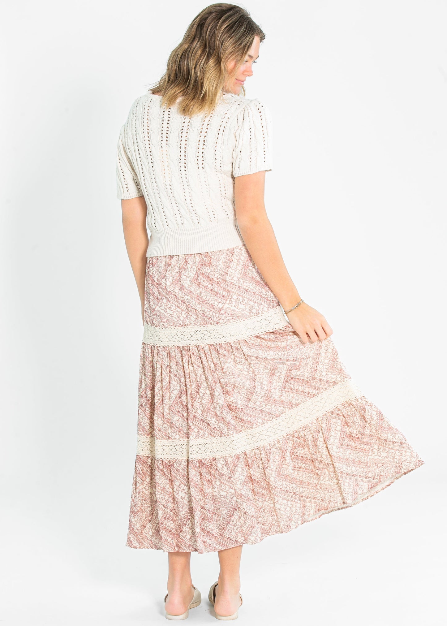 Ruched Waist Lace Trim Tiered Maxi Skirt - FINAL SALE