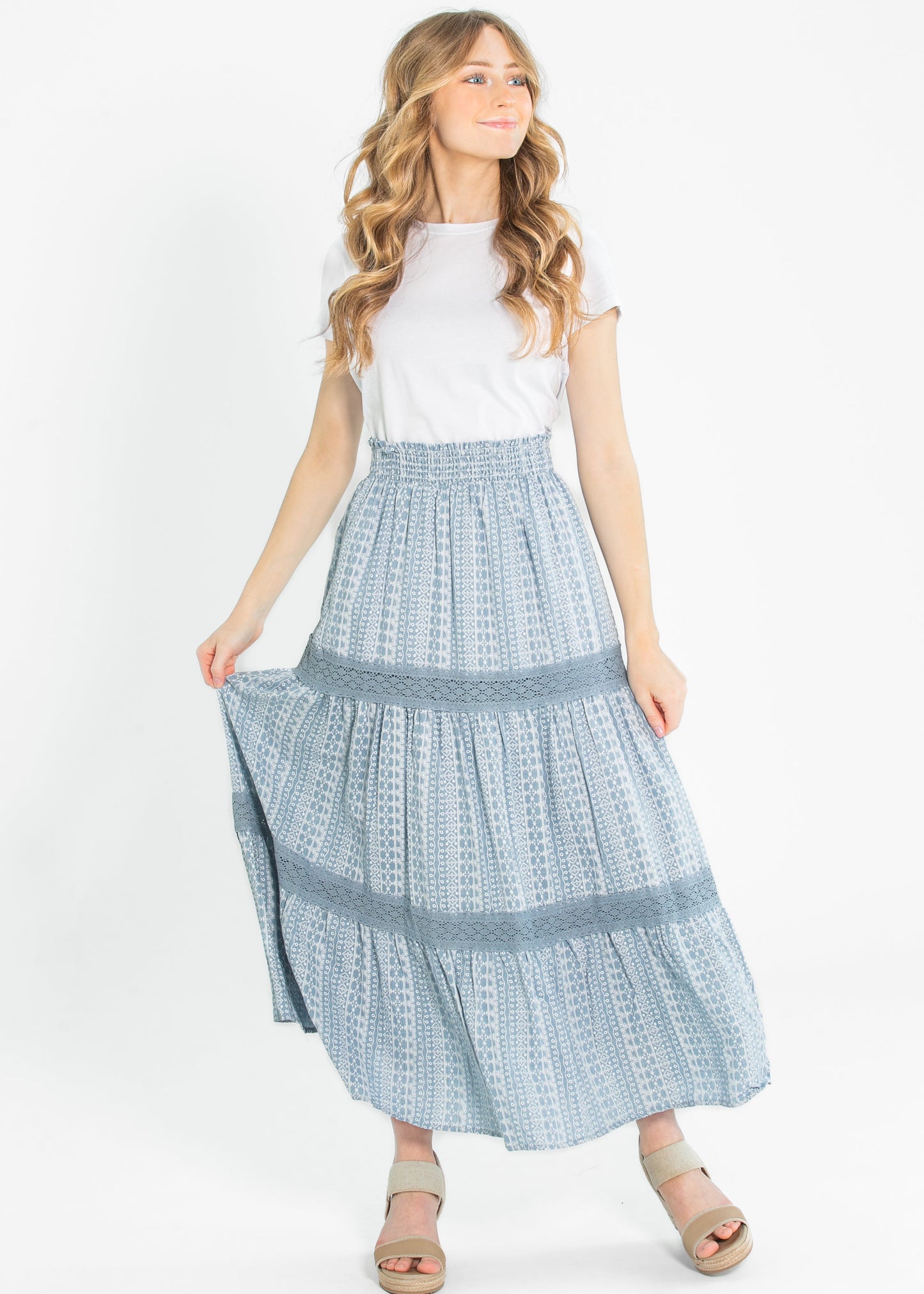 Ruched Waist Lace Trim Tiered Maxi Skirt - FINAL SALE