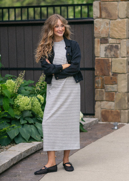 Short Sleeve Gray Striped Knit Dress
