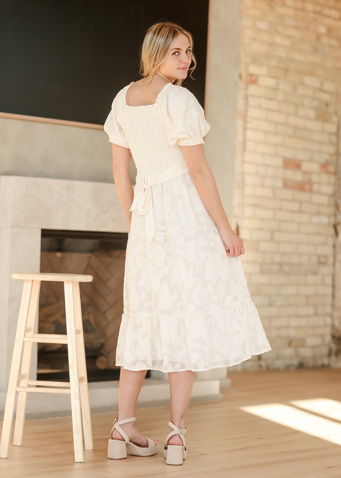 Smocked Bodice Short Sleeve Floral Applique Dress - FINAL SALE