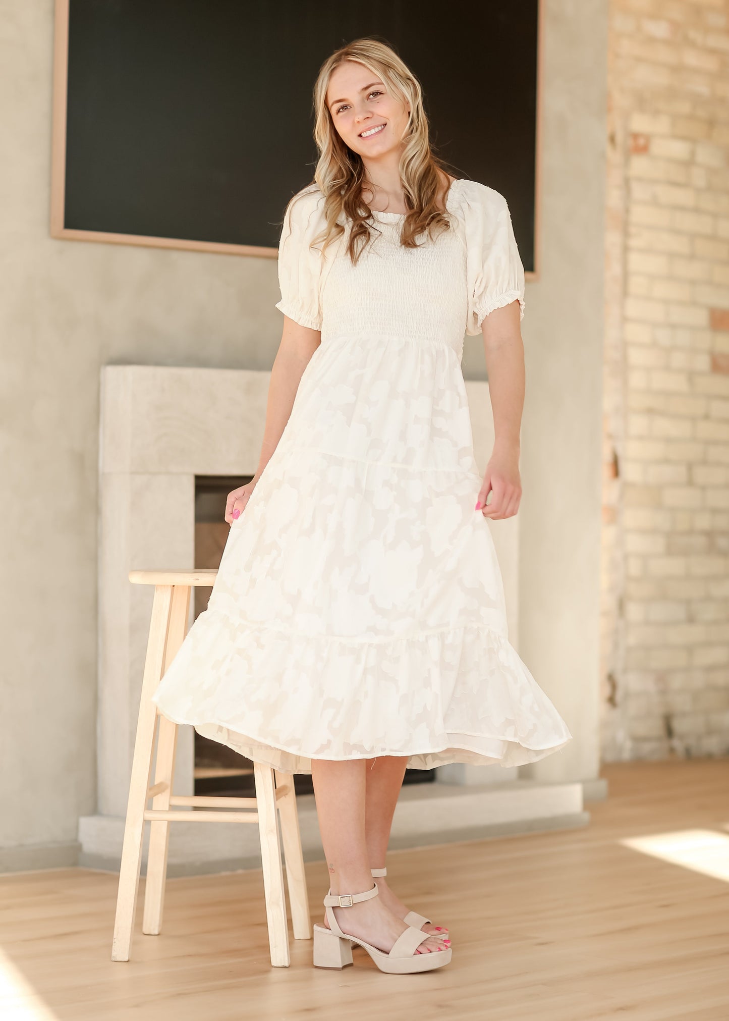 Smocked Bodice Short Sleeve Floral Applique Dress - FINAL SALE