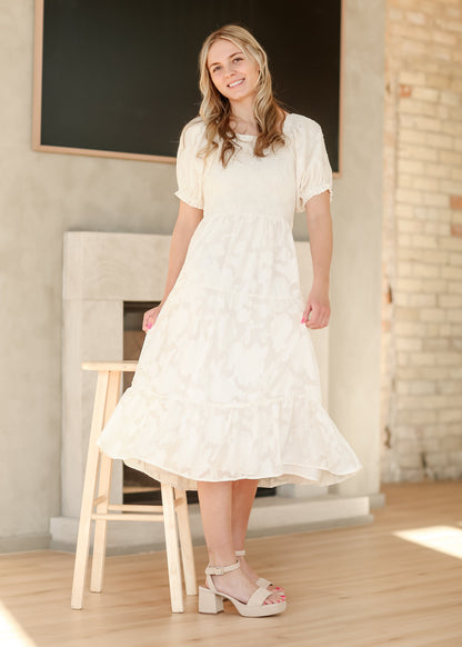Smocked Bodice Short Sleeve Floral Applique Dress - FINAL SALE