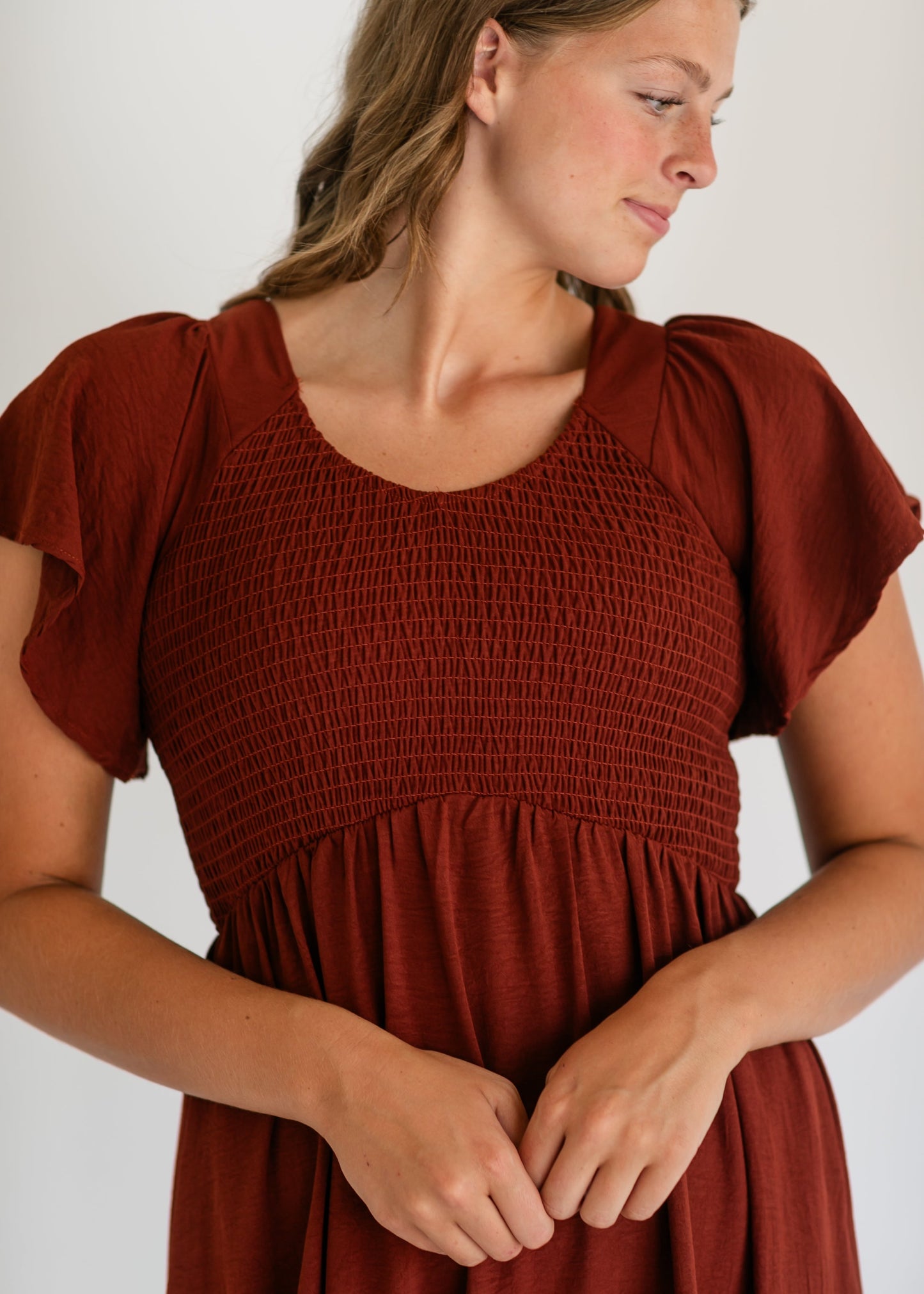 Smocked V-neck Flutter Sleeve Midi Dress - FINAL SALE