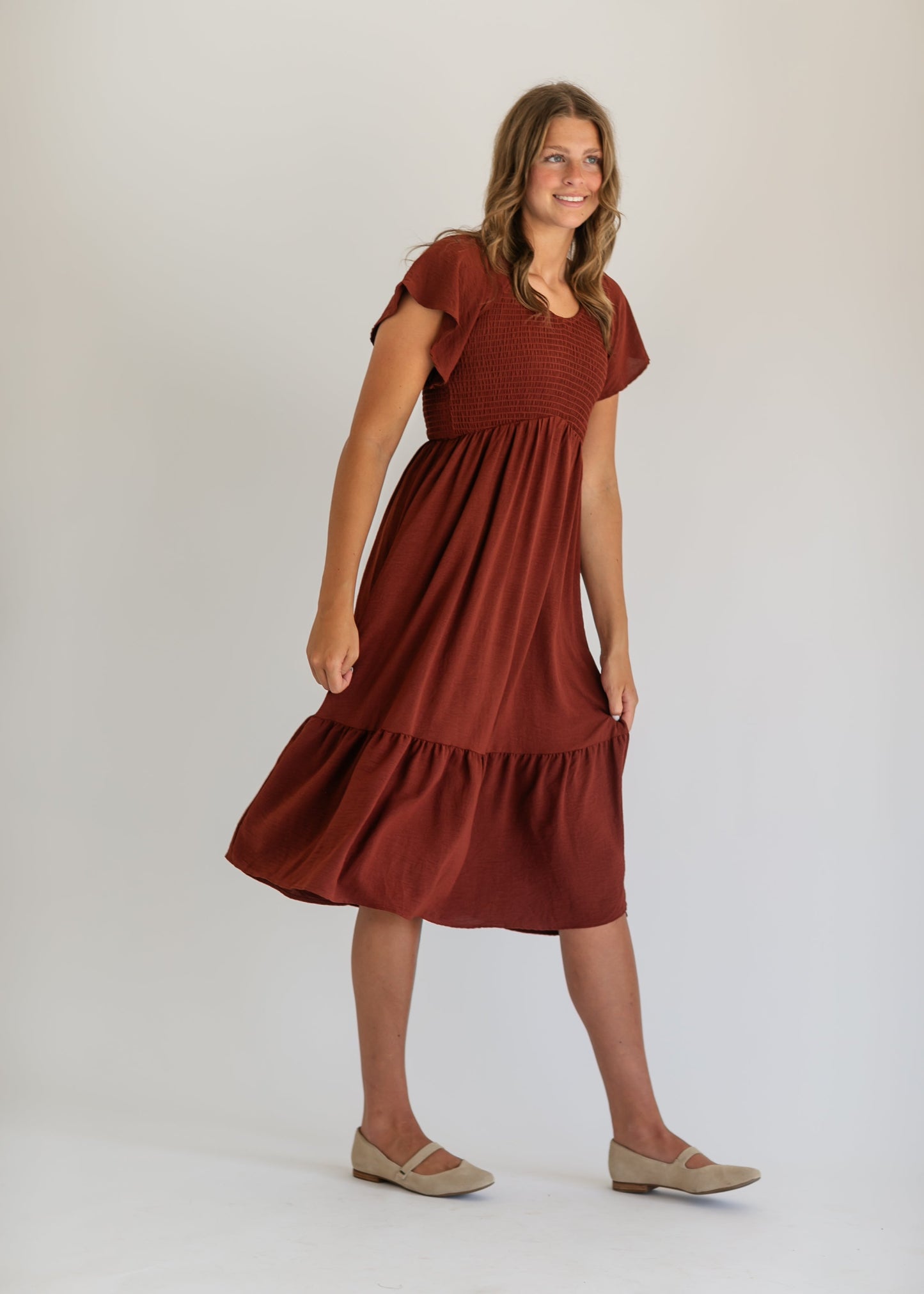 Smocked V-neck Flutter Sleeve Midi Dress - FINAL SALE
