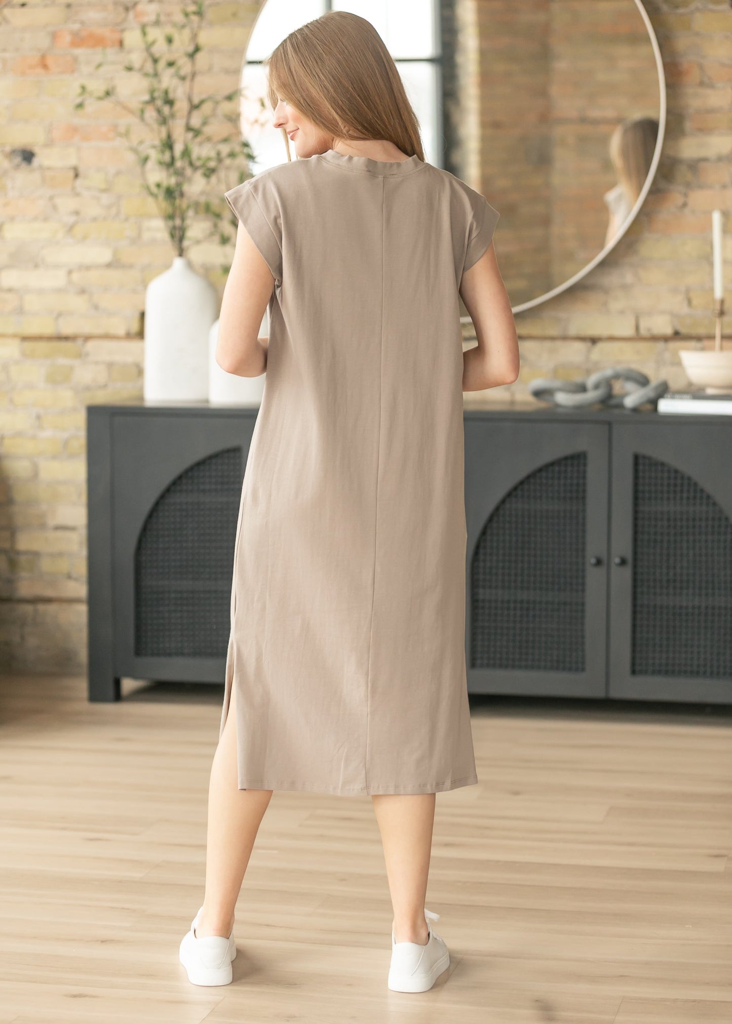 Taupe Cap Sleeve T-shirt Midi Dress