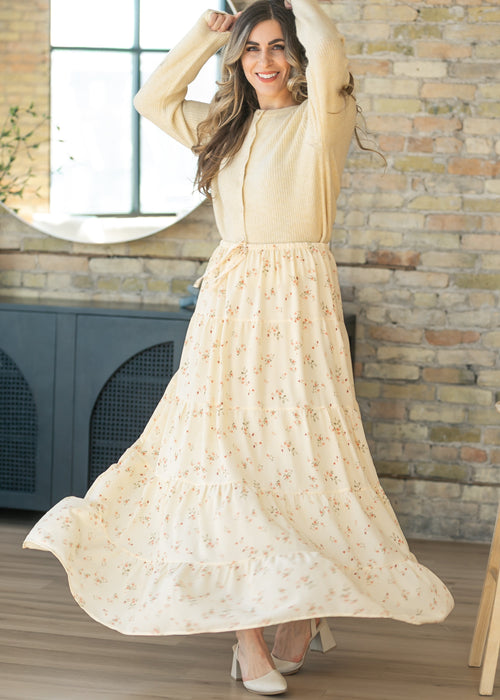 Tie Waist Tiered Floral Maxi Skirt