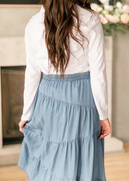 Tiered Elastic Waist Chambray Denim Skirt - FINAL SALE