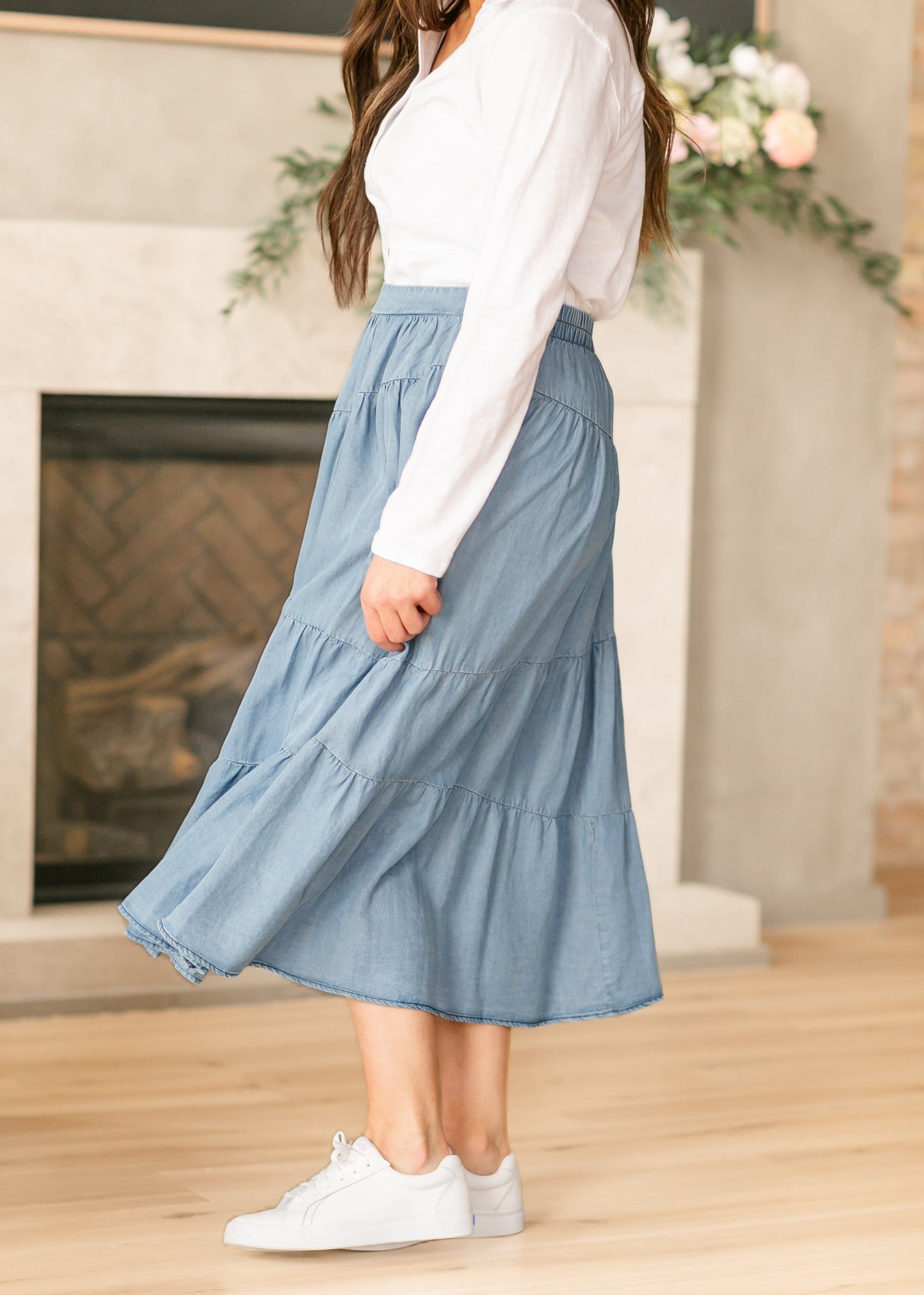 Tiered Elastic Waist Chambray Denim Skirt - FINAL SALE
