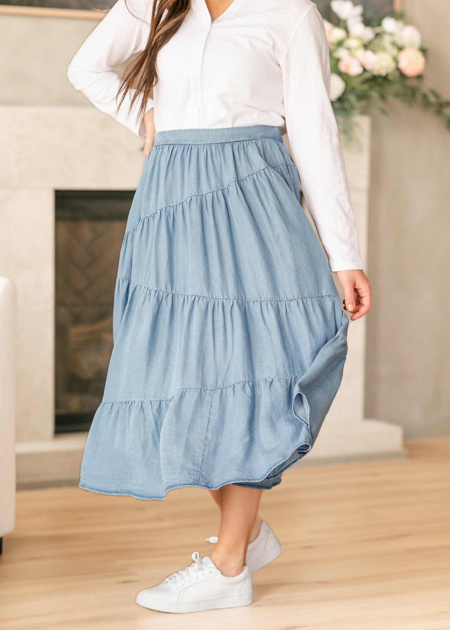 Tiered Elastic Waist Chambray Denim Skirt - FINAL SALE