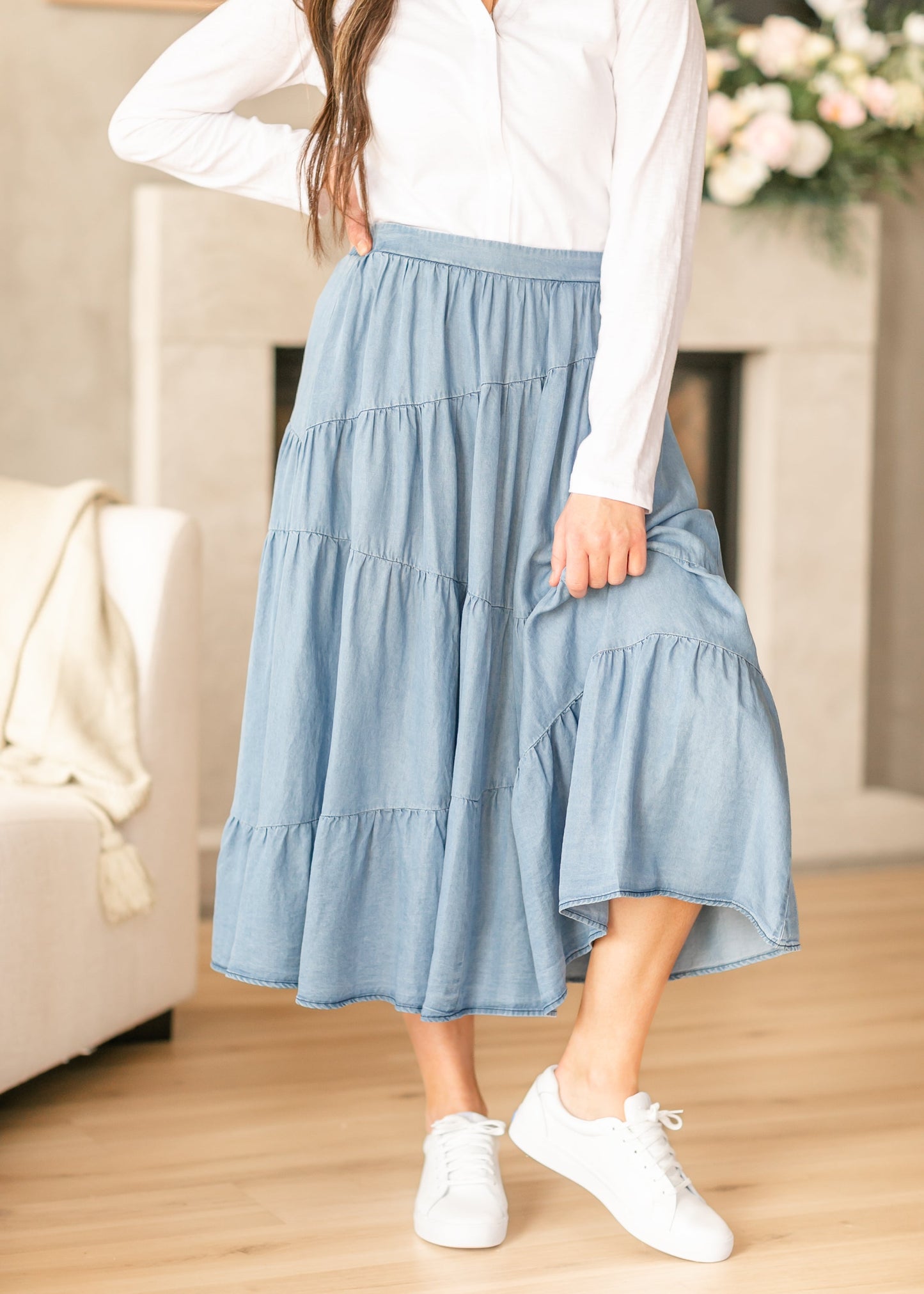 Tiered Elastic Waist Chambray Denim Skirt - FINAL SALE