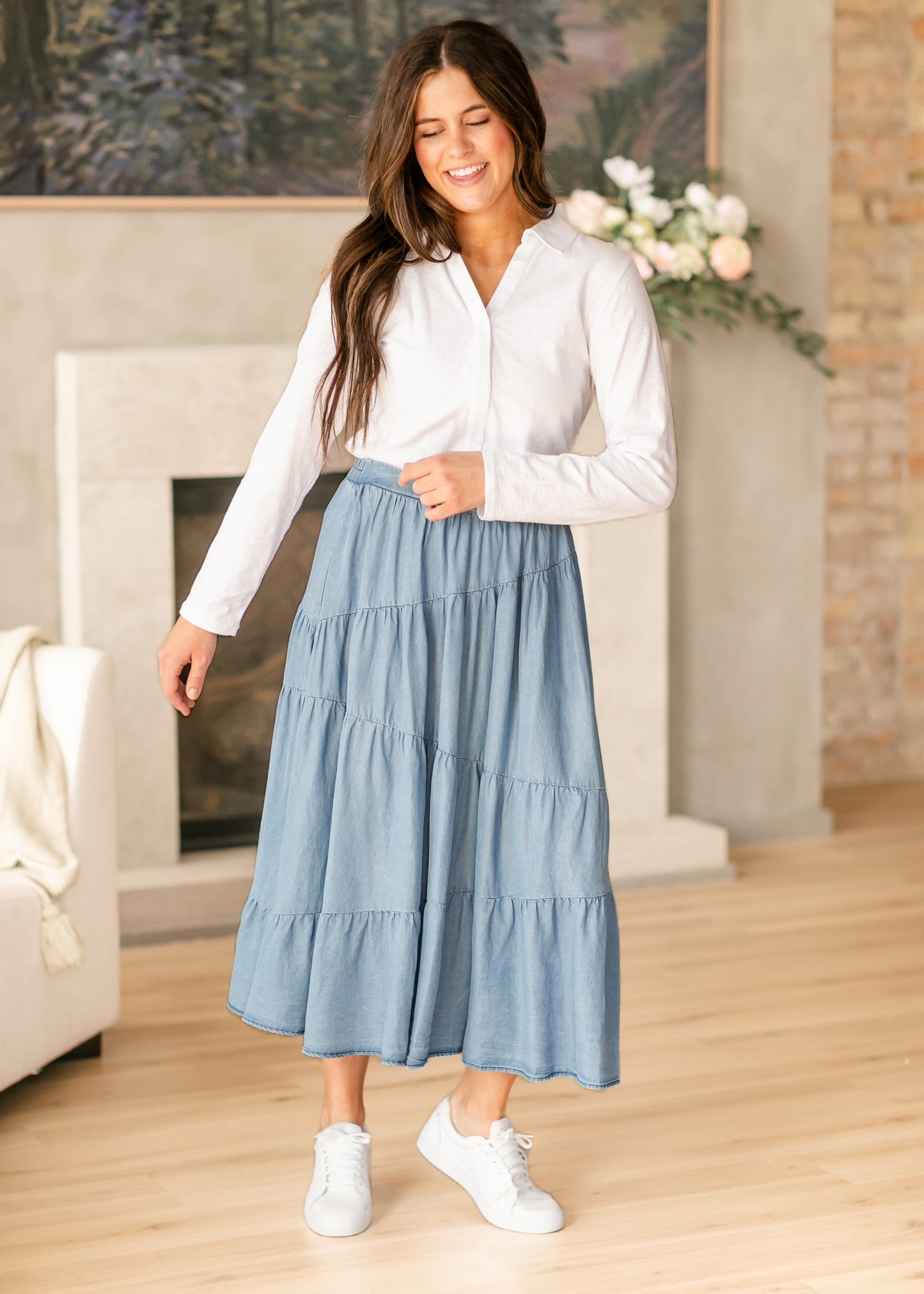 Tiered Elastic Waist Chambray Denim Skirt - FINAL SALE