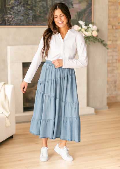 Tiered Elastic Waist Chambray Denim Skirt - FINAL SALE