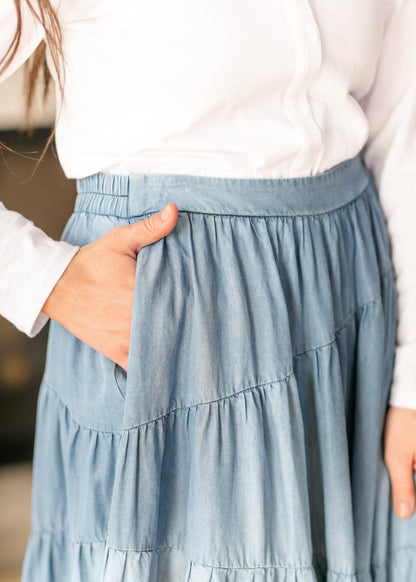 Tiered Elastic Waist Chambray Denim Skirt - FINAL SALE