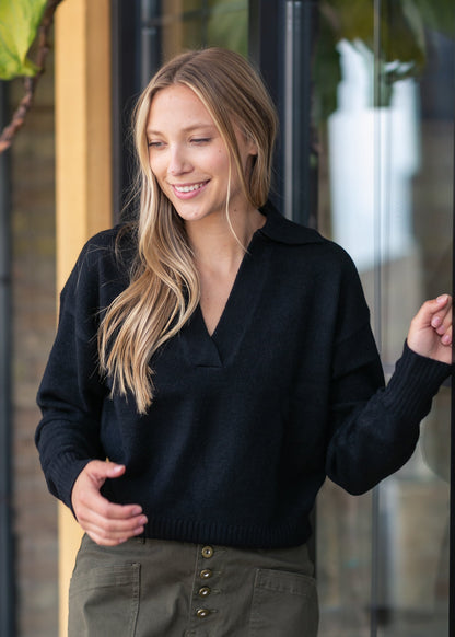 elan V-neck Collared Black Sweater - FINAL SALE